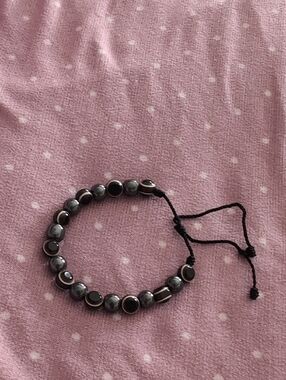 Beaded Hematite Slider Bracelet - Black Cord